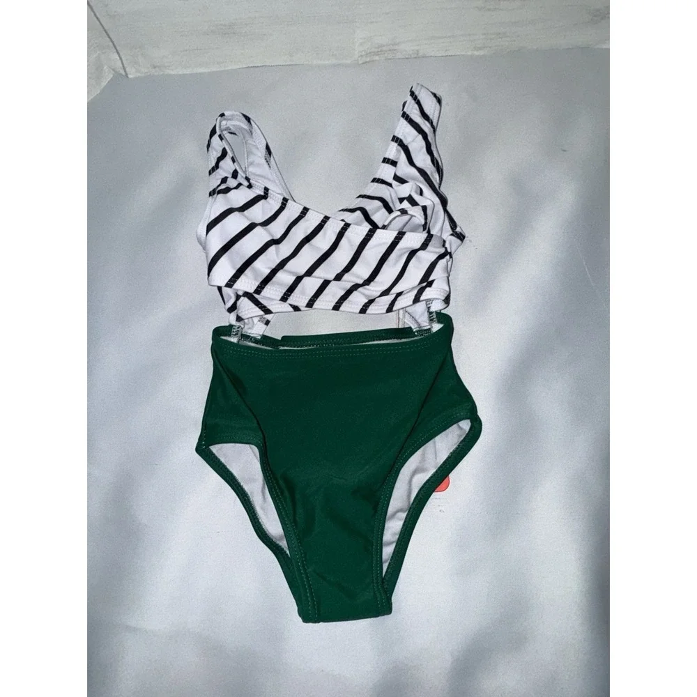 NWT Pat Pat Toddler Green Striped Print One Piece Bathing Suit (Size 2Y,)‎